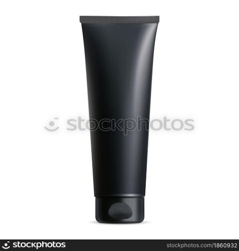 Black cream tube. Plastic lotion package blank mockup. Acne cleanser, facial wash realistic template. Charcoal mask tube concept. Blackhead scrub mask collection. Shampoo or body gel pack. Black cream tube. Plastic lotion package blank mockup