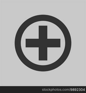 black cross icon in a circle on a gray background. black cross icon