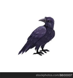 Black crow Halloween creepy character, raven bird, cartoon vector mascot with dark feathers, sharp claws and closed beak. Single blackcrow wild fauna, symbol of death, evil, witchcraft and shamanism. Black crow Halloween creepy character, raven bird