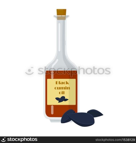 Black cumin essential oil bottle with seeds. Brown liquid in glass container with cork. Aromatherapy and health care flat cartoon vector illustration.