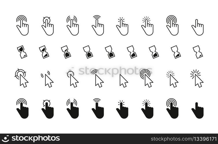 Black cursor icons. Interface mouse click pointers flat style, simple finger pointers computer arrow silhouettes swipe touch web buttons. Vector isolated set. Connection or loading animation. Black cursor icons. Interface mouse click pointers flat style, simple finger pointers computer arrow silhouettes swipe touch web buttons. Vector isolated set