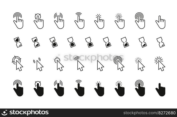 Black cursor icons. Interface mouse click pointers flat style, simple finger pointers computer arrow silhouettes swipe touch web buttons. Vector isolated set. Connection or loading animation. Black cursor icons. Interface mouse click pointers flat style, simple finger pointers computer arrow silhouettes swipe touch web buttons. Vector isolated set