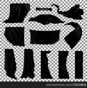 Black curtain vectorized image. Drapery fabric 3d realistic vector set