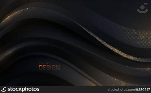 Black curvy wave shape with golden glitters. Abstract 3d background. Vector illustration. Minimalist decoration for banner or cover design.. Black curvy wave shape with golden glitters.