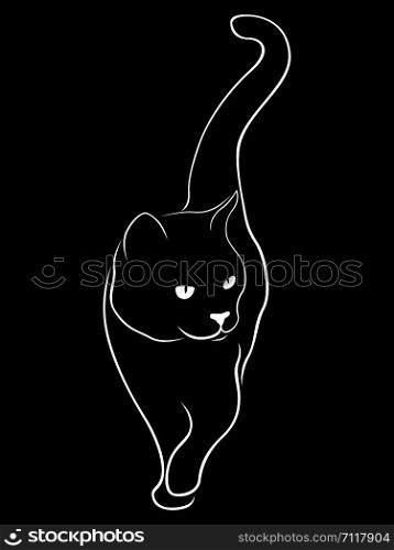Black cute cat stencil in motion and looking away, vector hand drawing on white background