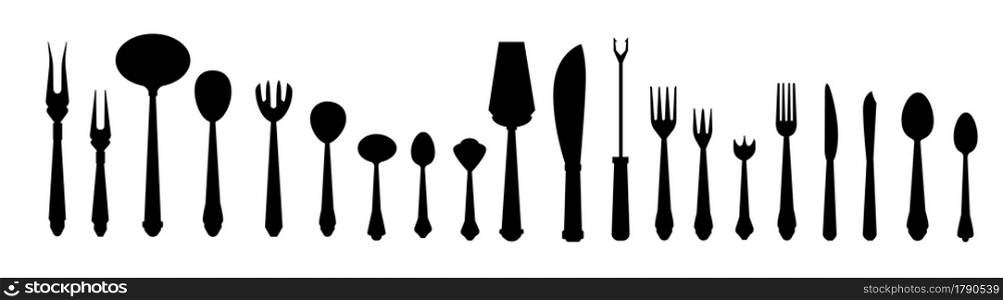 Black cutlery. Isolated silhouettes of kitchenware. Utensils icons for restaurant and bistro brochures. Dishware mockup. Spoons and forks symbols. Serving spatula or knife signs. Vector tableware set. Black cutlery. Silhouettes of kitchenware. Utensils icons for restaurant and bistro brochures. Dishware mockup. Spoons and forks symbols. Serving spatula or knife. Vector tableware set