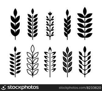 Black decorative wheat, cereals icons. Ears of wheat abstract vector design. Geometric creative organic branches graphic collection of cereal wheat and ear illustration. Black decorative wheat, cereals icons. Ears of wheat abstract vector design. Geometric creative organic branches graphic collection