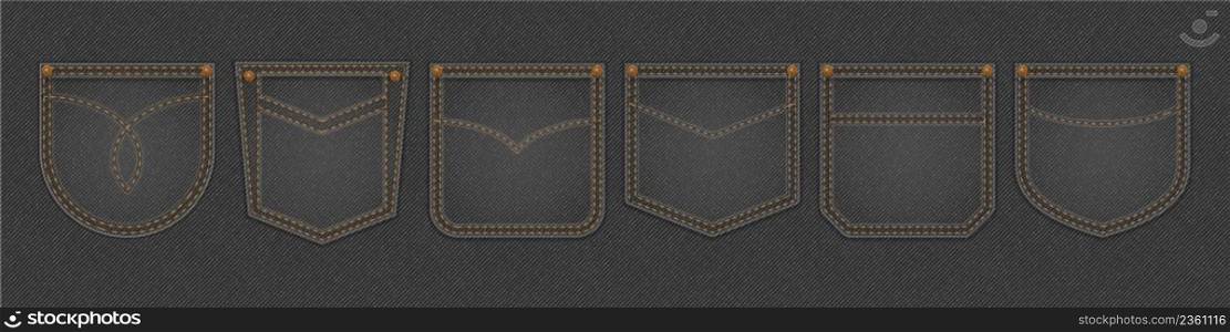 Black denim cloth texture with pockets with stitches and rivets. Vector realistic background of dark gray jean fabric with s&les of different pockets for pants back. Black denim cloth texture with pockets