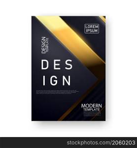 Black design template decorated with white letters and golden lines. Use for brochure covers, flyers, posters, layouts, triangular graphic designs.