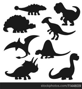 Black dinosaur silhouettes . Vector triceratops, tyrannosaurus, stegosaurus and brontosaurus, pterodactyl, parasaurolophus and spinosaurus, diplodocus and ankylosaurus shapes. Black silhouettes of isolated dinosaurs
