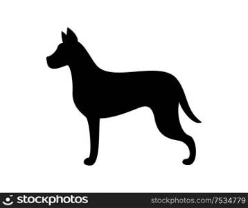 Black dog silhouette vector canine animal icon isolated on white. Monochrome grown up puppy, label for veterinary clinic vector illustration sign. Black Dog Silhouette Vector Canine Animal Icon