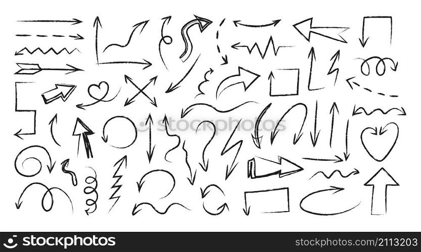 Black doodle arrows. Hand drawn cartoon curly and straight direction arrows and pencil navigation symbols, orientation pointers. Vector illustrations elements pictogram doodle drawings. Black doodle arrows. Hand drawn cartoon curly and straight direction arrows and pencil navigation symbols, orientation pointers. Vector grunge set