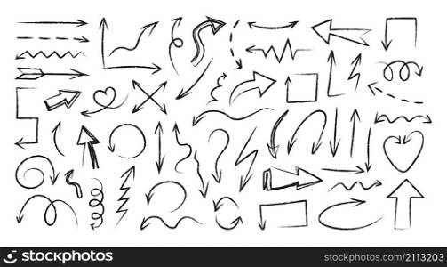 Black doodle arrows. Hand drawn cartoon curly and straight direction arrows and pencil navigation symbols, orientation pointers. Vector illustrations elements pictogram doodle drawings. Black doodle arrows. Hand drawn cartoon curly and straight direction arrows and pencil navigation symbols, orientation pointers. Vector grunge set
