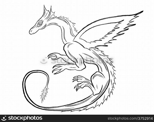 Black dragon during the flight isolated on white background. Hand drawing vector illustration. Black dragon over white