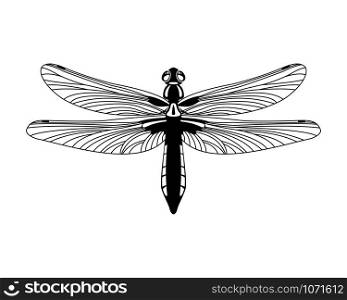 Black dragonfly icon isolated on white background, Design element for print templates, websites, web and mobile phone apps. Vector illustration.. Black vector dragonfly icon isolated on white background,