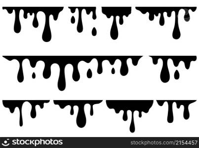Black dripping elements. Dropping paint, syrup stain melted. Trickle drips, isolated liquid oil melt. Dynamic ink flow, vector set. Illustration of droplet paint, closeup artistic trickle black. Black dripping elements. Dropping paint, syrup stain melted. Trickle drips, isolated liquid oil melt. Dynamic ink flow, graphic decent vector set