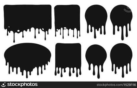 Black dripping frames. Flowing dark fluid or liquid with paint drops. Oil drops leaking from frames of different shape as circle, square, rectangle and ellipse. Pouring ink vector illustration. Black dripping frames. Flowing dark fluid or liquid with paint drops. Oil drops leaking from different frames