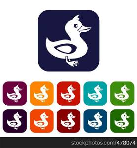 Black duck icons set vector illustration in flat style in colors red, blue, green, and other. Black duck icons set