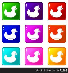 Black duck toy icons of 9 color set isolated vector illustration. Black duck toy icons 9 set
