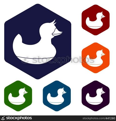 Black duck toy icons set hexagon isolated vector illustration. Black duck toy icons set hexagon