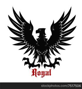 Black eagle royal heraldic symbol with medieval stylized bird floating in the air with wings spread and outstretched talons ready to catch prey. Black eagle attacking a prey heraldic icon
