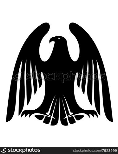 Black eagle silhouette with raised wings and long feathers for tattoo or heraldry design. Black silhouette of an eagle with raised wings