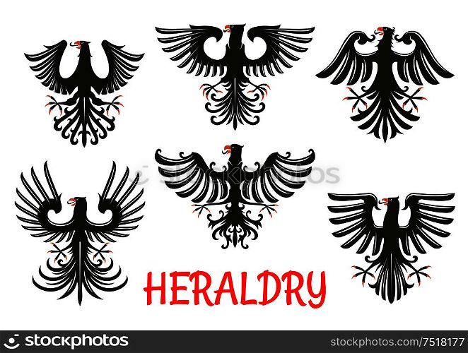 Black eagles heraldic birds of prey with raised and outstretched wings with pointed upward feathers. Coat of arms and heraldic emblem design. Heraldic black eagles with raised wings