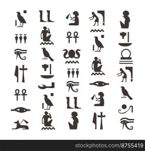 Black egyptians hieroglyphs. Hieroglyph of ancient egypt, pattern vector letters. Illustration of ancient symbols, black, hieroglyph sign history, culture of pharaoh. Black egyptians hieroglyphs. Hieroglyph of ancient egypt, pattern vector letters