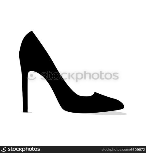 Black elegant stiletto shoe silhouette isolated on white background. Fashionable women footwear for chic look. Luxurious leather footwear vector illustration. Elegant stilettos for glamorous outfit.. Black Modern Stilleto Shoe Isolated Silhouette