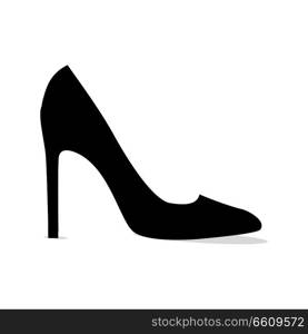 Black elegant stiletto shoe silhouette isolated on white background. Fashionable women footwear for chic look. Luxurious leather footwear vector illustration. Elegant stilettos for glamorous outfit.. Black Modern Stilleto Shoe Isolated Silhouette