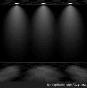 Black empty room with checkered floor and lamps
