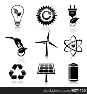 Black energy and ecology icons set with light bulb gas station and solar battery decorative elements isolated vector illustration