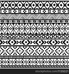 Black ethnic borders. Seamless ornaments mexican, american and aztec geometric patterns, black and white textile modern print vector set. Black ethnic borders. Seamless ornaments mexican, american and aztec geometric patterns, black and white textile print vector set