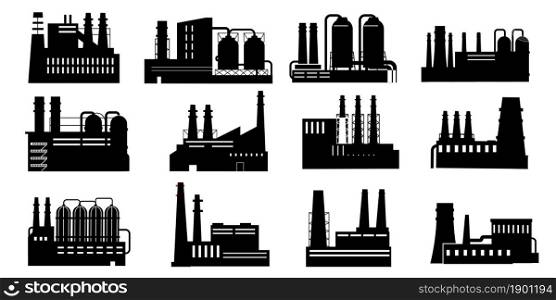 Black factories. Buildings silhouettes with pipes. Heavy industry production and power plants. Chemical equipment and manufacturing construction. Vector isolated industrial architecture signs set. Black factories. Buildings silhouettes with pipes. Industry production and power plants. Chemical equipment and manufacturing construction. Vector industrial architecture signs set