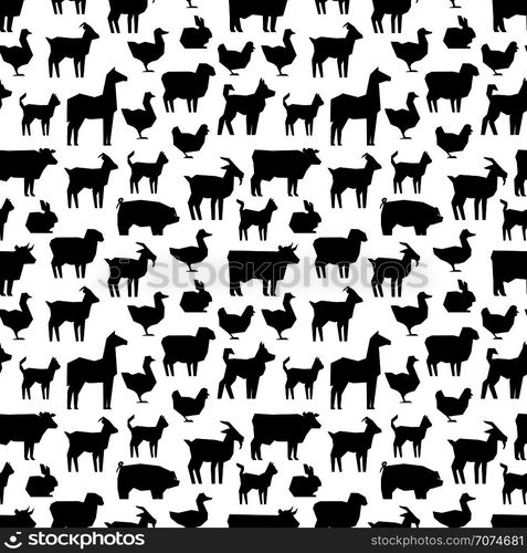 Black farm animals silhouettes pattern design. Animal black background, vector illustration. Black farm animals silhouettes pattern design