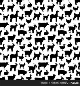 Black farm animals silhouettes pattern design. Animal black background, vector illustration. Black farm animals silhouettes pattern design