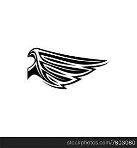 Black feathered tribal wing isolated icon. Vector eagle or falcon body part, religion or heraldic symbol. Wing of eagle or falcon, heraldry symbol