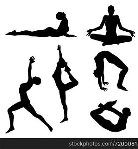 Black female silhouettes in yoga poses on white background.
