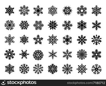 Black festive vector snowflakes set. Christmas holydays decoration elements isolated on white background. Snow winter snowflake, xmas snowy illustration. Black festive vector snowflakes set. Christmas holydays decoration elements isolated on white background