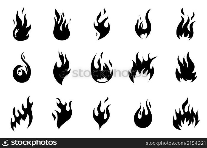 Black fire icons. Flames shapes. Heat fires silhouettes. Isolated hot blaze, bonfire logo. Warning heat and flammable, campfire vector set. Illustration of flammable and bonfire icon, hot flame sign. Black fire icons. Flames shapes. Heat fires silhouettes. Isolated hot blaze, bonfire logo. Warning heat and flammable, campfire recent vector set