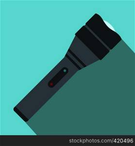 Black flashlight flat icon on a blue background. Black flashlight flat icon