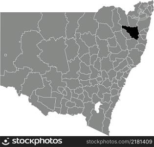 Black flat blank highlighted location map of the ARMIDALE REGIONAL COUNCIL AREA inside gray administrative map of districts of Australian state of New South Wales, Australia