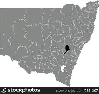 Black flat blank highlighted location map of the BATHURST REGIONAL AREA inside gray administrative map of districts of Australian state of New South Wales, Australia