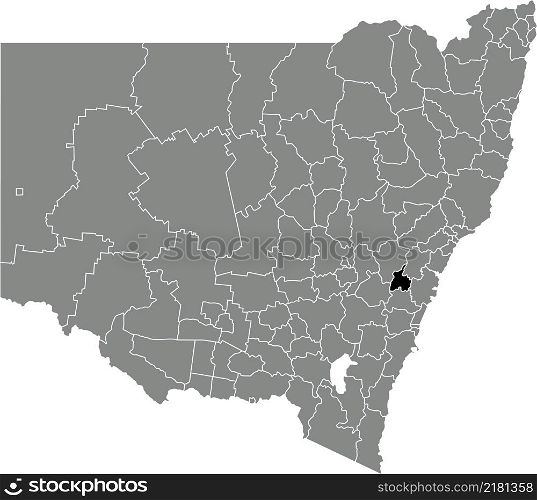 Black flat blank highlighted location map of the BLUE MOUNTAINS LOCAL GOVERNMENT AREA inside gray administrative map of districts of Australian state of New South Wales, Australia