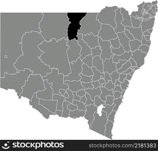 Black flat blank highlighted location map of the BREWARRINA SHIRE AREA inside gray administrative map of districts of Australian state of New South Wales, Australia
