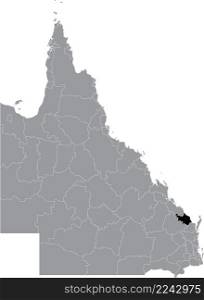 Black flat blank highlighted location map of the BUNDABERG REGION AREA inside gray administrative map of areas of the Australian state of Queensland, Australia