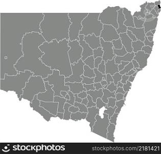Black flat blank highlighted location map of the BYRON SHIRE AREA inside gray administrative map of districts of Australian state of New South Wales, Australia