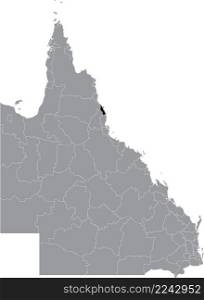 Black flat blank highlighted location map of the CAIRNS REGION AREA inside gray administrative map of areas of the Australian state of Queensland, Australia
