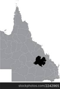 Black flat blank highlighted location map of the CENTRAL HIGHLANDS REGION AREA inside gray administrative map of areas of the Australian state of Queensland, Australia