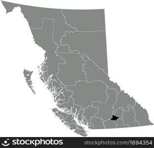 Black flat blank highlighted location map of the CENTRAL OKANAGAN regional district inside gray administrative map of the Canadian province of British Columbia, Canada